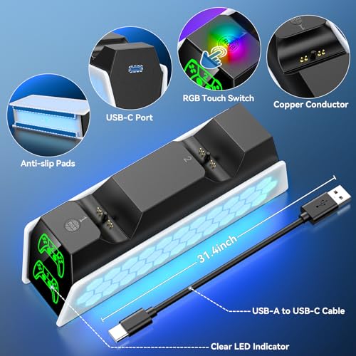 Station de Charge Manette PS5 avec Lumière RVB & Indicateur LED, Chargeur Manette PS5 pour Manettes PS5/PS5 Edge, Accessoires de Station de Charge avec Câble USB-C – Image 7