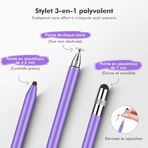 Stylet Tablette MEKO 3 en 1 pour iPad Samsung Tablette Smartphone, Stylet Tactile très Sensible et de Haute Précision avec 10 Embouts de Rechange (Violet + Argent) – Image 3