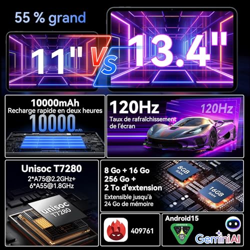 T60 Pro Tablette avec Clavier et Stylet - Première Tablette 13 Pouces Android 15 Mondiale, 1920x1200 FHD+, 24 GB RAM+256 GB ROM / 2 TB TF, Octa-Core, 10000 mAh, 16 MP+8 MP, Widevine L1, Face ID – Image 3