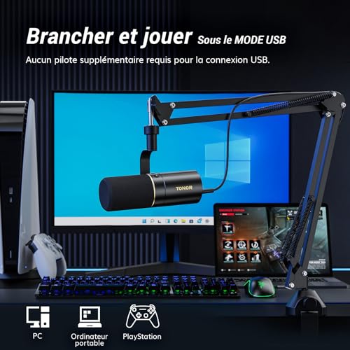 TONOR Micro Cardioïde Dynamique USB/XLR avec Bras de Support pour PC, Microphone de Studio pour Podcasting, Gaming, Streaming, Enregistrement Vocal avec Prise Casque 3,5 mm, Bouton Mute,TD510+ – Image 5