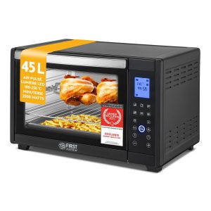 TZS First Austria - Mini-Four 45L 2000W Affichage digital - Four à pizza température jusqu'à 230°C et 8 modes - Avec minuterie de 180 min, 4 hauteurs d'insertion, plaque, grille & tournebroche rotatif