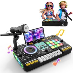 Table de mixage DJ - Pupitre pour enfants de 3 à 10 ans - Contrôleur DJ - Instruments de musique avec microphone - 100 effets sonores - Batterie - Cadeau pour débutants - Garçon et fille - 3, 5, 6, 7
