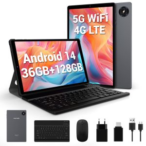 Tablette 10 Pouces Android 14 Tablette Tactile 5G WiFi 4G LTE,36Go RAM+128Go ROM,8000mAh,FHD1920*1200 incell,ID Visage,Tablette avec Clavier+Souris-Gris