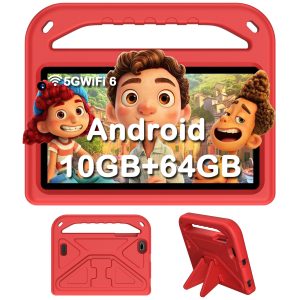 Tablette 7 Pouces, Tablette Android 14 avec 5G Wi-FI 6, 10Go RAM+64Go ROM(TF 1To), Tablette Tactile Octa-Core, Widevine L1, 3500mAh, Contrôle Parental Tablette avec EVA Cas, Red
