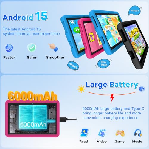 Tablette Enfants 10 Pouces Android 15 avec 30Go RAM (TF 2To), 5G WI-FI 6, Widevine L1, Contrôle Parental, 8-Core, Tablette Tactile avec Coque Antichoc EVA + Support Rotatif à 360°, Rose – Image 4