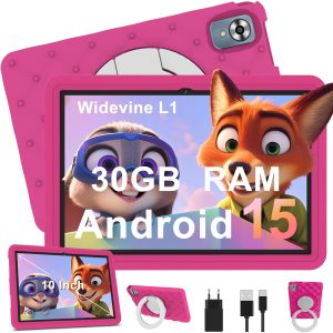 Tablette Enfants 10 Pouces Android 15 avec 30Go RAM (TF 2To), 5G WI-FI 6, Widevine L1, Contrôle Parental, 8-Core, Tablette Tactile avec Coque Antichoc EVA + Support Rotatif à 360°, Rose