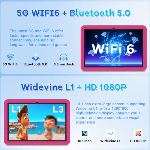 Tablette Enfants 10 Pouces Android 15 avec 30Go RAM (TF 2To), 5G WI-FI 6, Widevine L1, Contrôle Parental, 8-Core, Tablette Tactile avec Coque Antichoc EVA + Support Rotatif à 360°, Rose – Image 6
