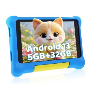 Tablette Enfants 7 Pouces Android 13 Tablette pour Enfant 5GB RAM 32GB ROM(TF 128GB) Contrôle Parental, GMS, WiFi, Bluetooth, Kids Tablette Tactile Éducative avec Kid-Proof Étui (Bleu)