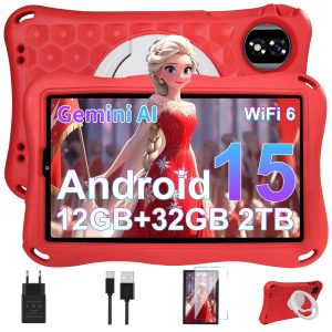 Tablette Enfants 9 Pouces Android 15 GMS,12Go RAM + 32Go ROM(TF 1 To), Octa-Core, Gemini AI Tablette Tactile, 5G WiFi 6, Widevine L1, 5000mAh,BT 5.0,Contrôle Parental Tablette avec EVA Cas-Rouge