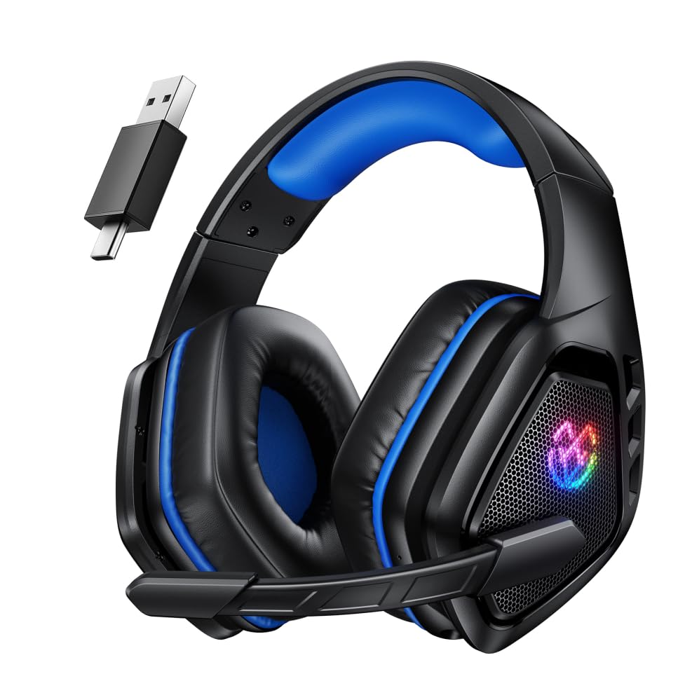 Tatybo Casque Gaming sans Fil pour PC, Ps5, Ps4, 2,4 GHz USB et Type-C avec Microphone, Batterie 40H, Casque Bluetooth pour Switch, Ordinateur Portable, Mobile, Mac, Noir-Bleu – Image 2