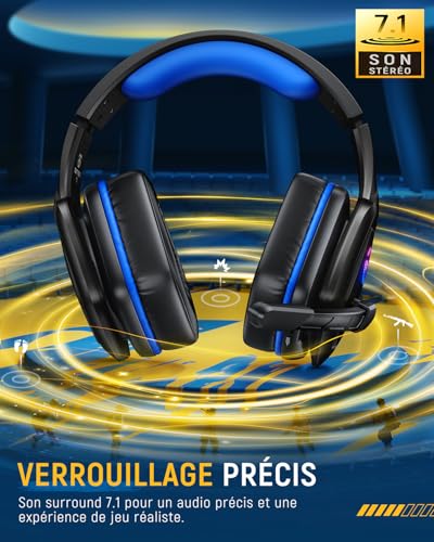 Tatybo Casque Gaming sans Fil pour PC, Ps5, Ps4, 2,4 GHz USB et Type-C avec Microphone, Batterie 40H, Casque Bluetooth pour Switch, Ordinateur Portable, Mobile, Mac, Noir-Bleu – Image 3