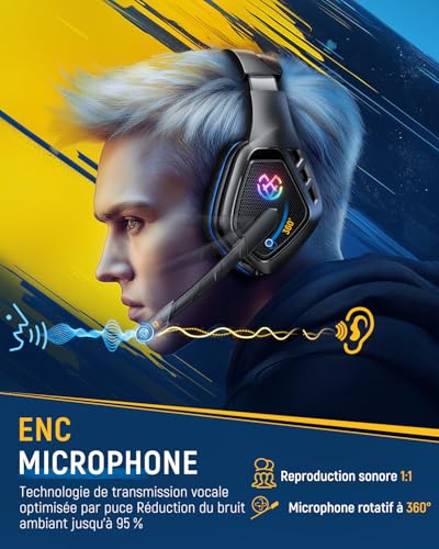 Tatybo Casque Gaming sans Fil pour PC, Ps5, Ps4, 2,4 GHz USB et Type-C avec Microphone, Batterie 40H, Casque Bluetooth pour Switch, Ordinateur Portable, Mobile, Mac, Noir-Bleu – Image 5