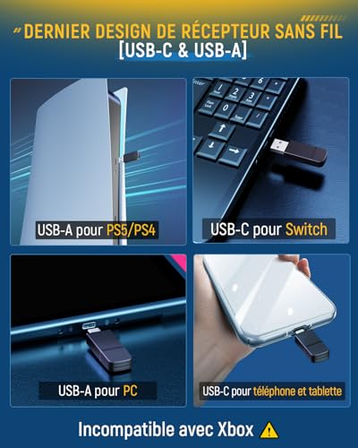 Tatybo Casque Gaming sans Fil pour PC, Ps5, Ps4, 2,4 GHz USB et Type-C avec Microphone, Batterie 40H, Casque Bluetooth pour Switch, Ordinateur Portable, Mobile, Mac, Noir-Bleu – Image 8