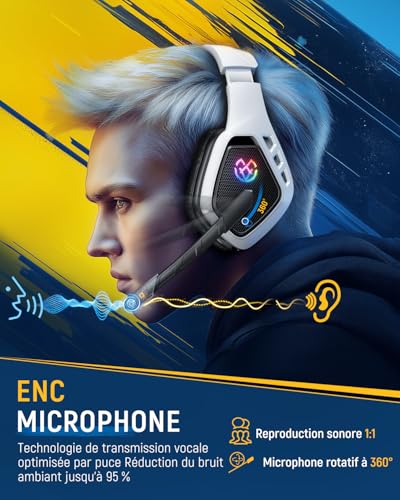 Tatybo Casque Gaming sans Fil pour PC, Ps5, Ps4, 2,4 GHz USB et Type-C avec Microphone, Batterie 40H, Casque Bluetooth pour Switch, Ordinateur Portable, Mobile, Mac, Noir et Blanc – Image 5