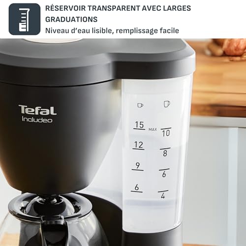 Tefal Cafetière filtre, 10 à 15 tasses, 1,25 L, Porte-filtre amovible, Arrêt automatique, Ouverture automatique du couvercle, Ergonomique, Includeo, Noire, CM533811 – Image 7