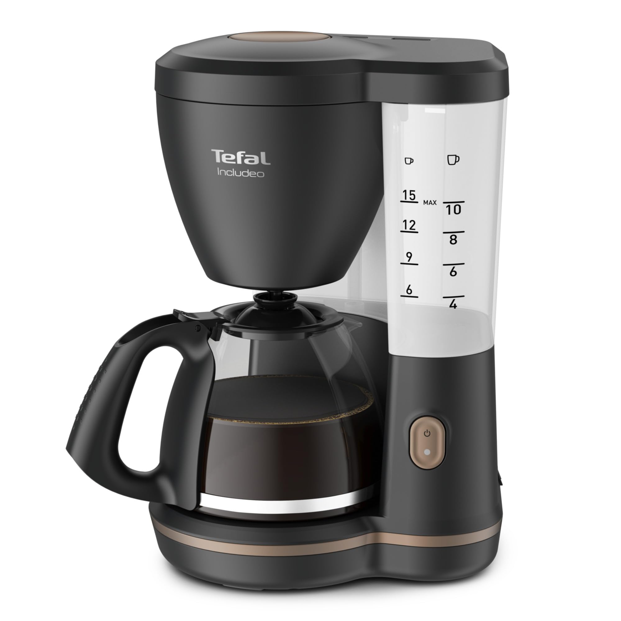 Tefal Cafetière filtre, 10 à 15 tasses, 1,25 L, Porte-filtre amovible, Arrêt automatique, Ouverture automatique du couvercle, Ergonomique, Includeo, Noire, CM533811