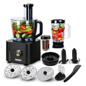 TopStrong Robot Cuisine Multifonction,1100W Robot Multifonction,11 en 1 Robot Culinaire inclus Hachoir, Crochet Pétrisseur,Mixeur, Presse-agrumes et Moulin à Café, 3,2L Bol et 1,5L Blender