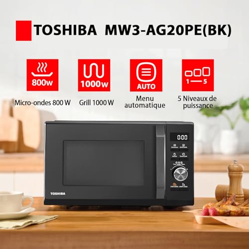 Toshiba MW3-AG20PE(BK) Four à micro-ondes 3 en 1 20 L avec Gril, décongélation automatique, micro-ondes, gril, combiné, 5 niveaux de puissance, 8 programmes automatiques, nettoyage facile, noir – Image 3