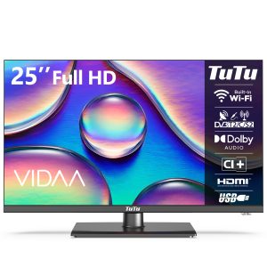 TuTu Téléviseur 25 Pouces (64 cm), FHD Smart TV avec WiFi, Pied Central, Triple Tuner (DVB-T/T2, DVB-C, DVB-S/S2), App Store, Molotov, Netflix, Prime Video, Disney+, Youtube