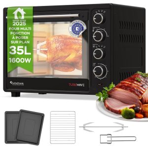 TurboTronic Mini Four à Convection avec Rôtissoire, 35L, 1600W – Four Compact Multifonctions Idéal pour Pizza, Camping et Cuisine Maison, Inclus 2 Plaques de Cuisson