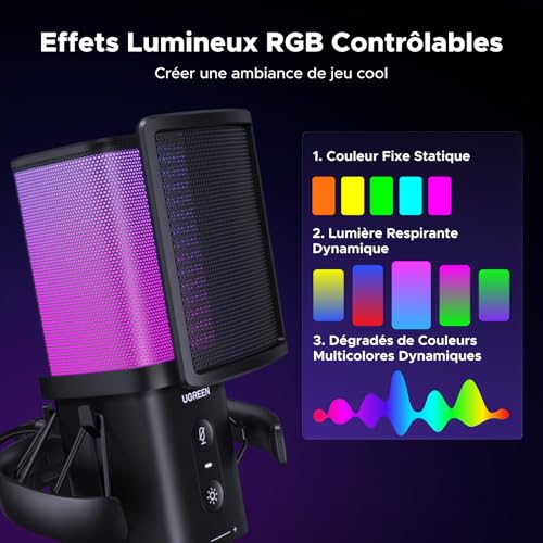 UGREEN Micro Gaming Microphone USB avec RGB 96KHz 24bit Réduction du Bruit DSP pour Enregistrement Gaming Streaming Podcast Compatible avec PS5 4 Laptop – Image 4