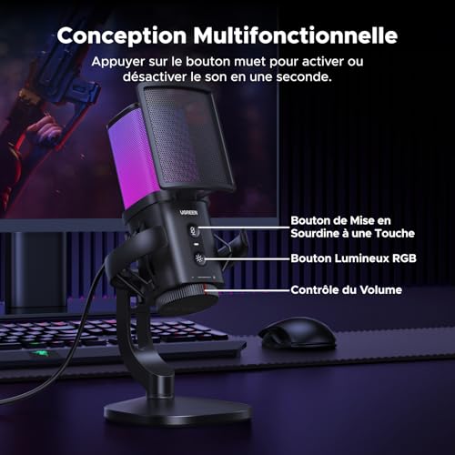 UGREEN Micro Gaming Microphone USB avec RGB 96KHz 24bit Réduction du Bruit DSP pour Enregistrement Gaming Streaming Podcast Compatible avec PS5 4 Laptop – Image 5