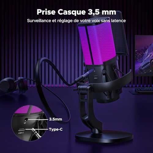 UGREEN Micro Gaming Microphone USB avec RGB 96KHz 24bit Réduction du Bruit DSP pour Enregistrement Gaming Streaming Podcast Compatible avec PS5 4 Laptop – Image 7
