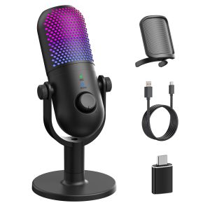USB Micro Condensateur PC Gaming: Microphone Gamer pour PS4 & PS5 - Bureau Micro RGB avec Muet & Écho & Réduction du Bruit - Mixage Microphone pour Streaming & Enregistrement & Vocal & Podcast Black