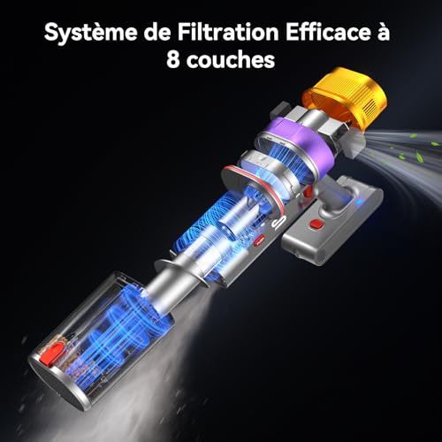 Vistefly V15 Ultra Aspirateur Balai sans Fil, 600W/58Kpa/70Mins Aspirateur sans Fil Puissant avec Écran Double, Design à Double Conteneur Aspi pour Sols Durs Poils d'animaux Tapis – Image 6