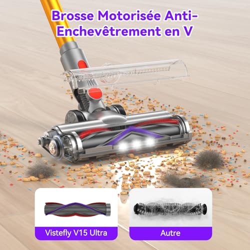 Vistefly V15 Ultra Aspirateur Balai sans Fil, 600W/58Kpa/70Mins Aspirateur sans Fil Puissant avec Écran Double, Design à Double Conteneur Aspi pour Sols Durs Poils d'animaux Tapis – Image 7