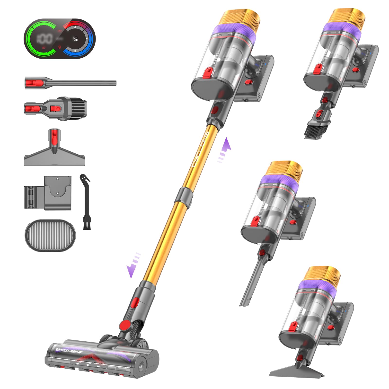 Vistefly V15 Ultra Aspirateur Balai sans Fil, 600W/58Kpa/70Mins Aspirateur sans Fil Puissant avec Écran Double, Design à Double Conteneur Aspi pour Sols Durs Poils d'animaux Tapis