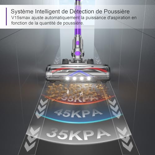 Vistefly V15s Max Aspirateur Balai sans Fil 580W, 55Kpa Aspirateur sans Fil Puissant 8 en 1, Écran Tactile LED Autonomie 70min Détection Poussière pour Poils Animaux Sol Tapis – Image 6