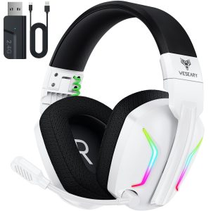 WG1 Casque Gaming sans Fil, 2,4 GHz Casque Bluetooth sans Fil avec Micro pour PS5, PS4, PC, Switch, Mac, Mobile, Casque Gaming Pliable avec Son Stéréo et Éclairage LED, Batterie de 50h