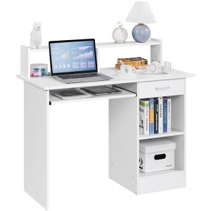 Yaheetech Bureau Blanc pour Ordinateur PC Bureau Informatique avec Porte Clavier Coulissant Tiroir et 2 étagères de Rangement Table de Bureaux pour Chambre Studio 106 x 50 x 94 cm