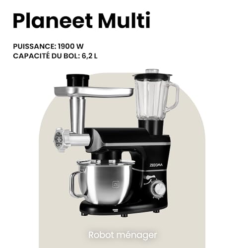 ZEEGMA PLANEET MULTI Robot Planétaire 1900W 3-in-1, Robot de Cuisine Multifonction avec bol de 6,2 L, Poignée et Couvercle, Gobelet Mixeur, Hachoir 6 Vitesses – Image 3