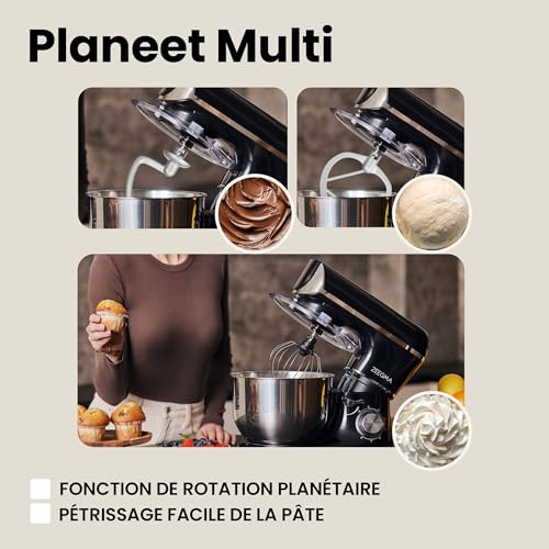 ZEEGMA PLANEET MULTI Robot Planétaire 1900W 3-in-1, Robot de Cuisine Multifonction avec bol de 6,2 L, Poignée et Couvercle, Gobelet Mixeur, Hachoir 6 Vitesses – Image 4