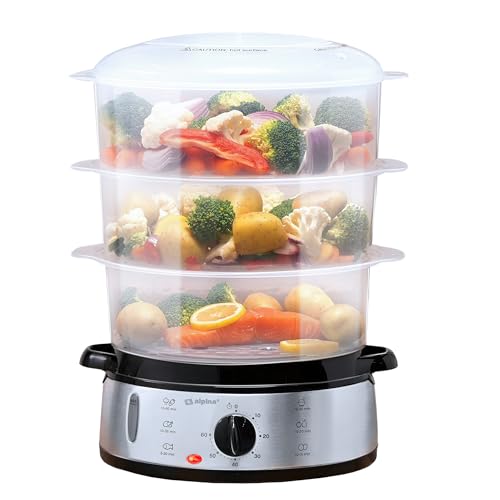 alpina Cuiseur Vapeur - 230V/800W - Cuiseur à vapeur 3 couches - Sans BPA - Lavable au lave-vaisselle - 0 à 60 minutes - Capacité de 9 litres - Gris – Image 2