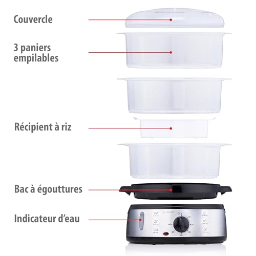 alpina Cuiseur Vapeur - 230V/800W - Cuiseur à vapeur 3 couches - Sans BPA - Lavable au lave-vaisselle - 0 à 60 minutes - Capacité de 9 litres - Gris – Image 3