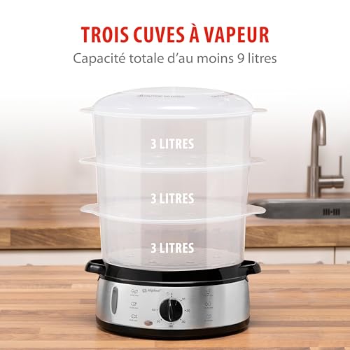 alpina Cuiseur Vapeur - 230V/800W - Cuiseur à vapeur 3 couches - Sans BPA - Lavable au lave-vaisselle - 0 à 60 minutes - Capacité de 9 litres - Gris – Image 5