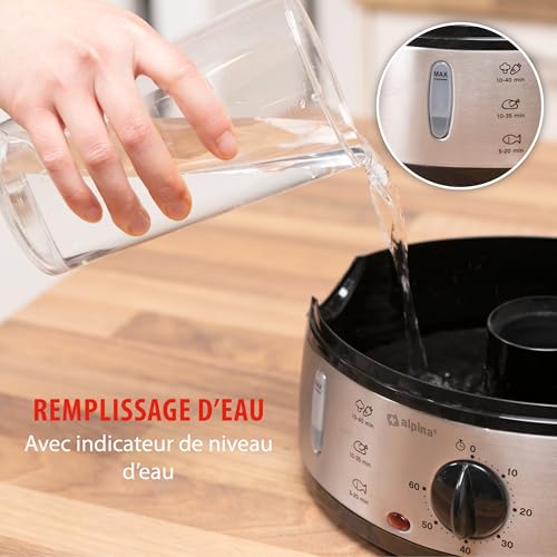 alpina Cuiseur Vapeur - 230V/800W - Cuiseur à vapeur 3 couches - Sans BPA - Lavable au lave-vaisselle - 0 à 60 minutes - Capacité de 9 litres - Gris – Image 7