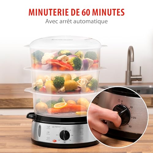 alpina Cuiseur Vapeur - 230V/800W - Cuiseur à vapeur 3 couches - Sans BPA - Lavable au lave-vaisselle - 0 à 60 minutes - Capacité de 9 litres - Gris – Image 8