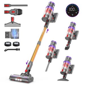 coovy SU7 Aspirateur Balai sans Fil 580W/55Kpa/75Mins, Aspirateur sans Fil Puissant, Chargement Mural, Écrans Tactiles LED, 1,3L Capacité, pour Sols Durs/Tapis/Les Poils d'animaux