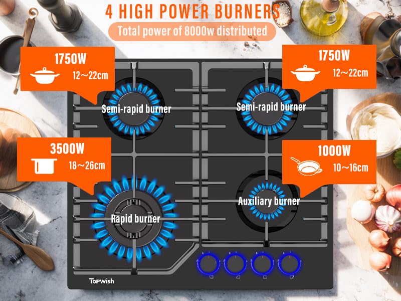 plaque de cuisson gaz, plaque cuisson à gaz, table de cuisson encastrable 60cm avec bleu bouton rotatif éclairé, NG/LPG décapotable, protection d'extinction, allumage automatique, 8000W – Image 3