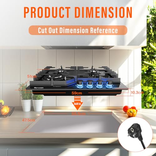 plaque de cuisson gaz, plaque cuisson à gaz, table de cuisson encastrable 60cm avec bleu bouton rotatif éclairé, NG/LPG décapotable, protection d'extinction, allumage automatique, 8000W – Image 4