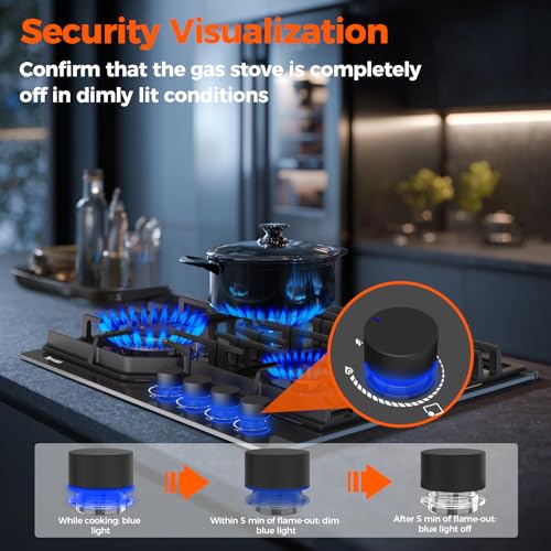 plaque de cuisson gaz, plaque cuisson à gaz, table de cuisson encastrable 60cm avec bleu bouton rotatif éclairé, NG/LPG décapotable, protection d'extinction, allumage automatique, 8000W – Image 6