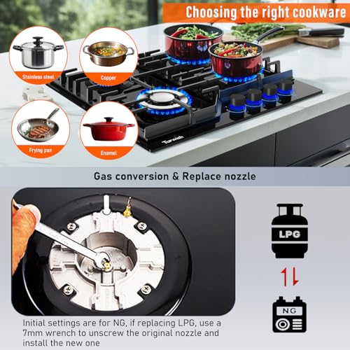 plaque de cuisson gaz, plaque cuisson à gaz, table de cuisson encastrable 60cm avec bleu bouton rotatif éclairé, NG/LPG décapotable, protection d'extinction, allumage automatique, 8000W – Image 7
