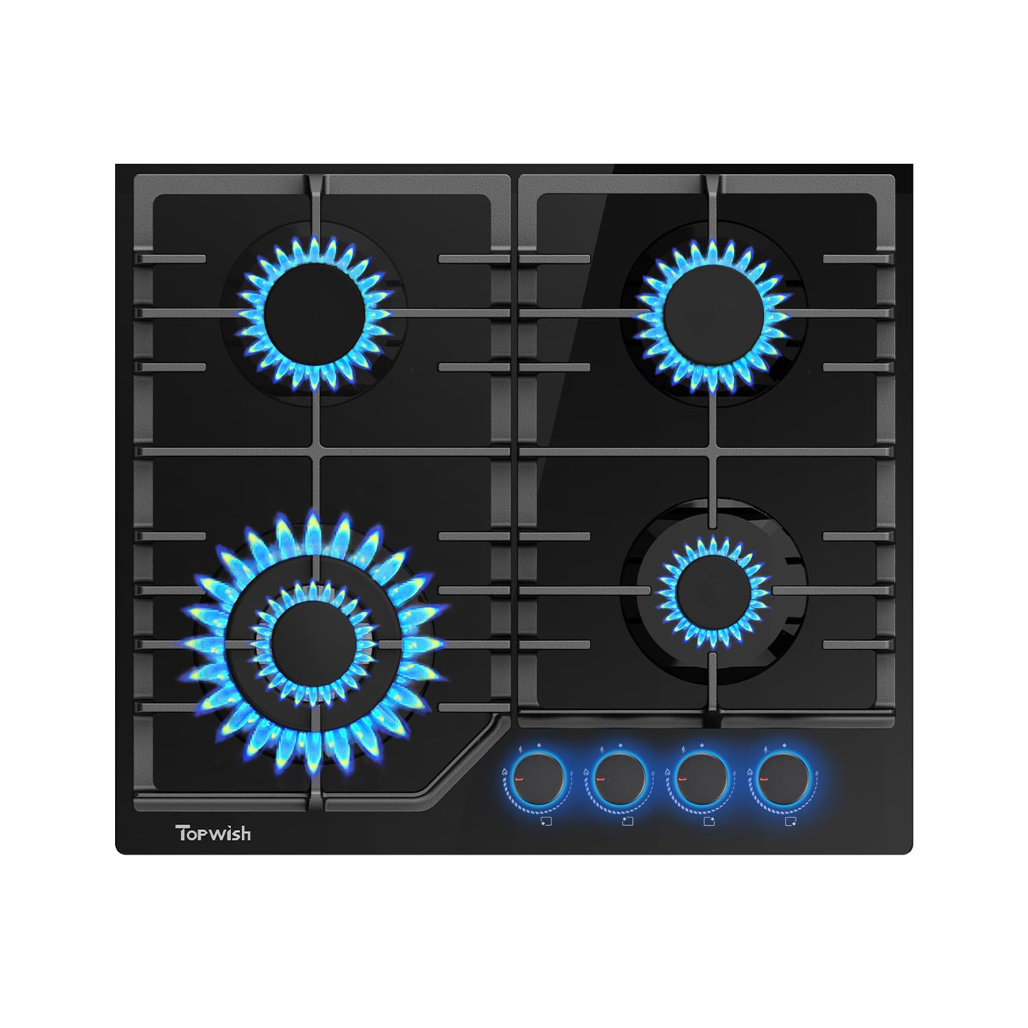 plaque de cuisson gaz, plaque cuisson à gaz, table de cuisson encastrable 60cm avec bleu bouton rotatif éclairé, NG/LPG décapotable, protection d'extinction, allumage automatique, 8000W