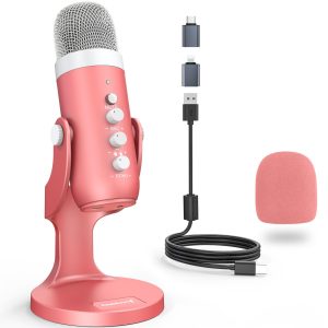 zealsound Micro USB, k66 Gaming Microphone de Jeu pour PC, téléphone, PS4 et PS5, Micro à condensateur cardioïde avec Button de sourdine et Gain pour Streaming, ASMR, podcasts, TikTok, Youtube- Rose